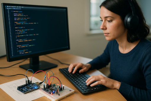 Software developer writing code for an embedded board development system