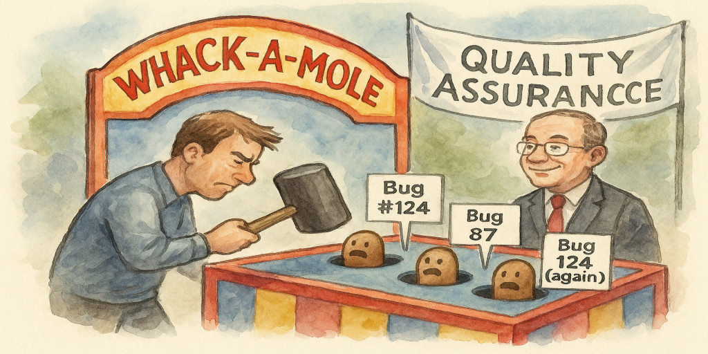 The customer is playing Whack-a-Mole while the Quality Assurance professional looks on in amusement.