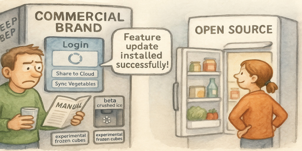 On one side, a refrigerator with the title 'COMMERCIAL BRAND', with a login panel on the front door expressing a caption that reads 'Feature update installed sucessfully' and signs on the ice maker that read 'beta crushed ice' and 'experimental frozen cubes'. The owner is standing next to the left refrigerator trying to read the owner's manual with a confused look on his face. On the right side is a normal refrigerator with no strange extensions. The owner on the right is having a pleasant time looking at the contents in the open door like fruit, vegetables, and milk.
