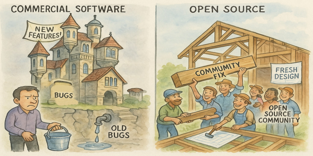 On the left side, commercial software illustrated by mansion with new features at the top floor, bugs spilling out of a window at the main floor, and old bugs leaking out of a spigot underground. On the right side, open-source illustrated by the  well-formed structure of a new building, based on a fresh design, being built that includes the use of a large beam titled 'community fix'. The open source community smiles while they watch over the activity.