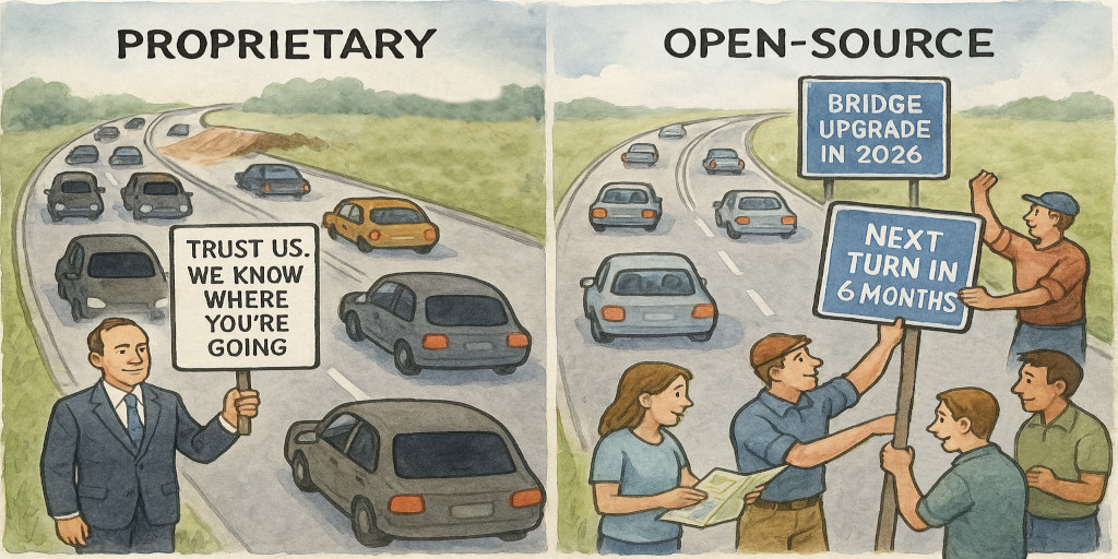 Two highways. On the left, proprietary. A man stands next to the road holding a sign titled 'Trust Us. We know where you're going.'. The traffic around him is unsure as to which direction to drive, and further down the road, there is an unannounced outage. On the right, an open-source highway, where multiple people are signaling for traffic direction and helping to set signs that read 'Bridge upgrade in 2026' and 'Next turn in 6 months'.