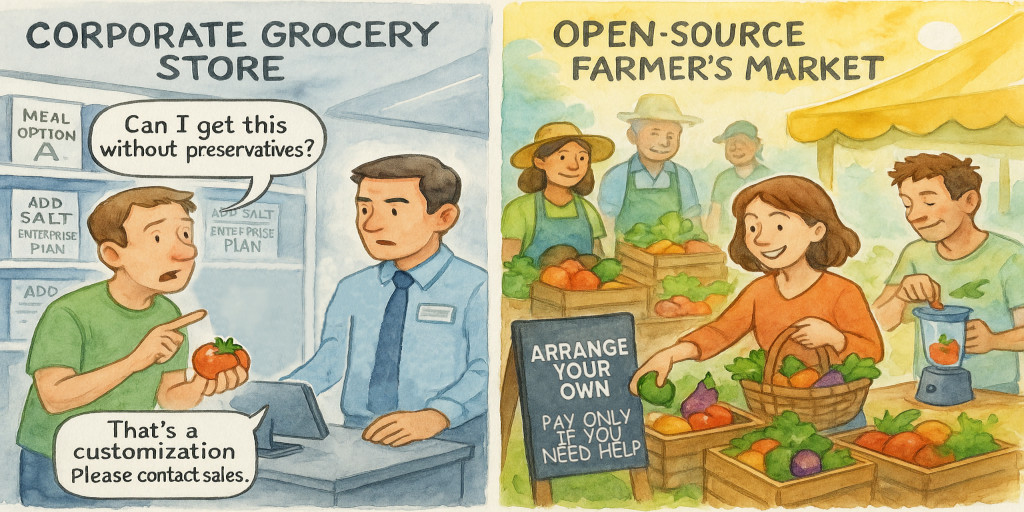 On the left, a corporate store where only the prescribed combinations and products are available. The customer is holding a tomato, asking 'Can I get this without preservatives?' To which, the clerk responds with 'That's a customization. Please contact sales'. On the right, an open-source farmer's market, where a sign is posted that reads 'Arrange your own. Pay only if you need help'. Customers are freely mixing and matching their fruits and vegetables to arrange exactly the combinations they need.
