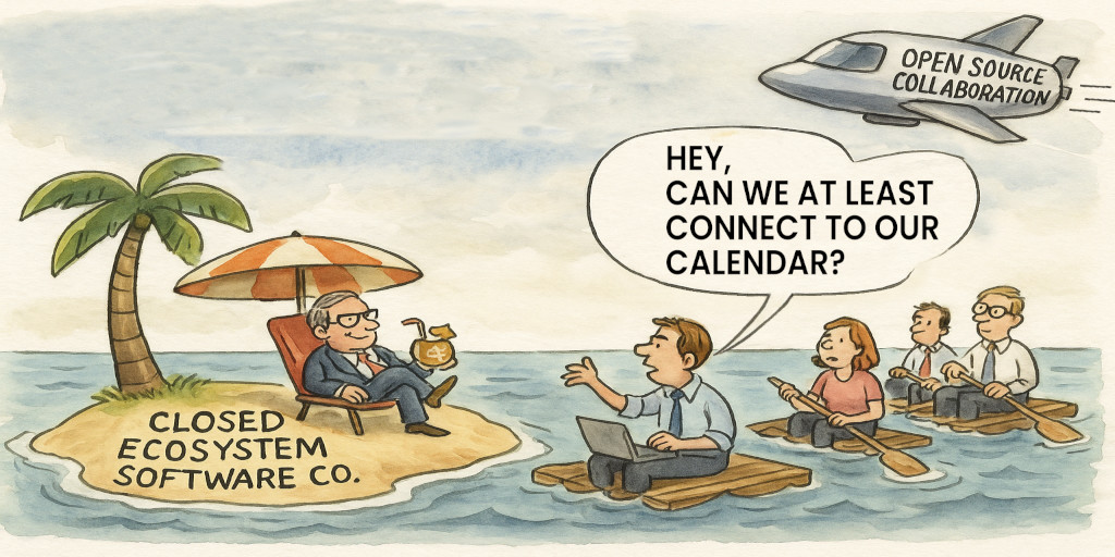 On the left, people float helplessly on rafts around an island with the title 'Closed Ecosystem Software Co'. The front-person asks 'Hey, can we at least connect to our calendar?'. On the right, in the distance, a super-modern spaceship with the title 'Open Source Collaboration' flies past.
