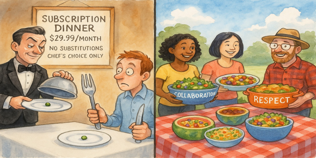 On the left side is a scene in a fancy restaurant where a smug vendor-waiter in a tuxedo plops down a plate with one tiny pea in the center. The menu hanging behind him reads 'Subscription Dinner - $29.99/month. No substitutions. Chef's choice only'. Across the table, the customer sits bewildered, holding a knife and fork much too large for the tiny meal. On the right side is a scene where another table shows a group at a lively potluck-style open-source picnic, where people are sharing big, colorful dishes labeled 'collaboration' and 'respect'.