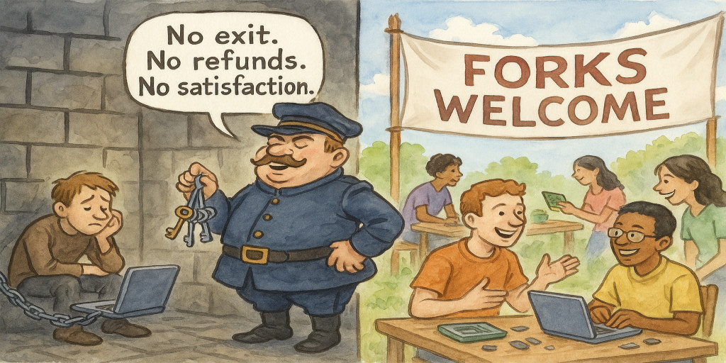 On the left, a character sits in a gloomy medieval dungeon cell, their laptop chained to the wall. The vendor is dressed like a pompous guard, jingling keys, saying: 'No exit. No refunds. No satisfaction.'. On the right side, next door, in bright daylight, people are in a lively open workshop, with their laptops out, freely building, sharing, swapping parts. A big welcoming banner says 'Forks Welcome.'