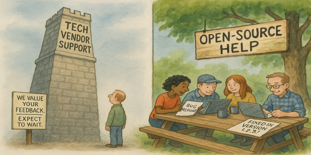 On the left side, a customer stands, looking up at a huge, ornate, castle-like service desk labeled 'Tech Vendor Support'. The desk stretches impossibly high, and has no noticeable access. A sign posted nearby says 'We value your feedback. Expect to wait.'. On the right side is a picnic table under a tree, with a hand-lettered sign overhead 'Open-Source Help'. A handful of developers and users are seated together with laptops, tea mugs, and sketchpads. One user leans over to show another their bug report, and a maintainer has already scribbled 'Fixed in version 1.2.3!' on a page that is ready to be distributed.