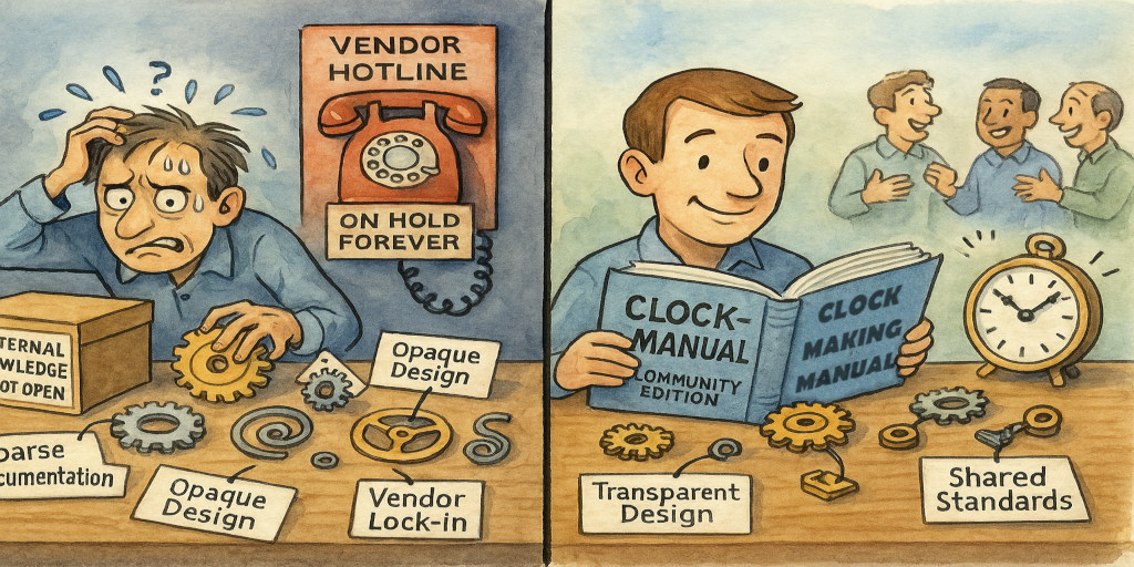 On the left side is a clockmaker having to use a vendor's proprietary process. He is frazzled, and hunched over a half-assembled clock, surrounded by oddly shaped gears and springs that clearly don’t fit together. The parts are labeled with little tags like 'Sparse Documentation', 'Opaque Design', and 'Vendor Lock-In'. On his workbench sits a sealed box stamped 'Internal Knowledge: Do Not Open'. The clockmaker scratches his head, sweat dripping, while a stern 'Vendor Hotline' phone on the wall flashes 'On Hold Forever'. Meanwhile, on the right side, a cheerful, open-source clockmaker sits at a tidy bench, smiling while consulting a large, open book labeled 'Clock-Making Manual - Community Edition'. His parts are clearly labeled 'Transparent Design', 'Community Support', and 'Shared Standards'. Behind him, a small group of fellow clockmakers are chatting, pointing, and laughing, and clearly engaged in collaborative learning. The nearly finished clock ticks happily, showing progress.
