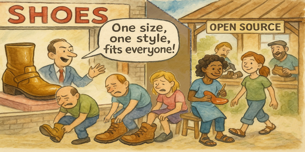 On the left side, a flashy shoe store with only one model of shoe on display, a shiny but uncomfortable boot. The clerk insists 'One size, one style, fits everyone!'. Customers look miserable as they try to squeeze in. On the right side, an open workshop where people are joyfully making and painting their own shoes. Everyone has footwear suited to their needs, like sandals, sneakers, hiking boots, and they look comfortable and happy.