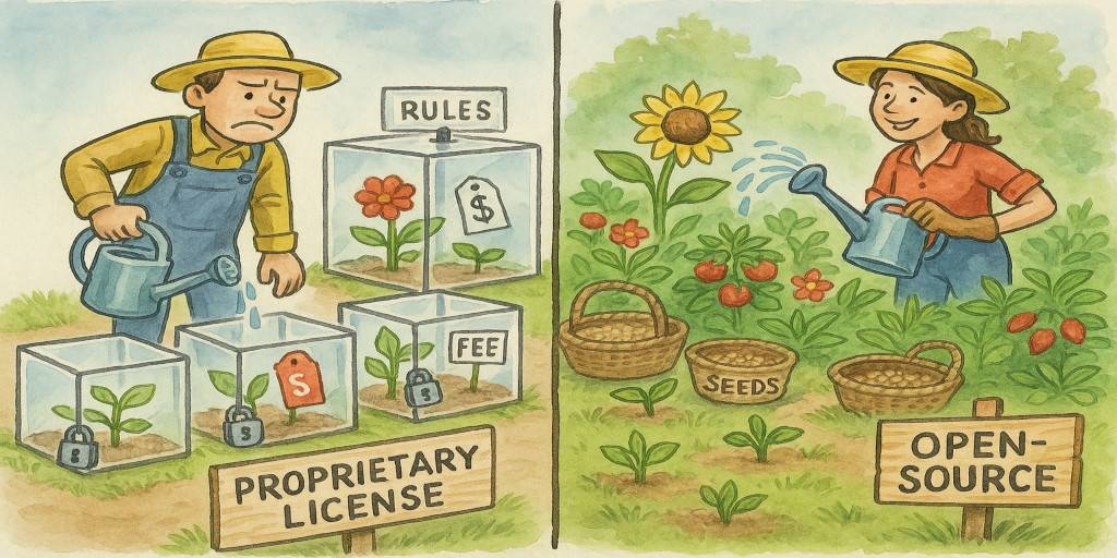 On the left side, one gardener stands in a 'Proprietary License' garden plot where every plant is behind padlocked glass cases, each labeled with different rules and price tags. The gardener is frustrated, holding a watering can, but can't reach the plants because every case requires a separate key. On the right side, another gardener tends an open, flourishing 'Open-Source' garden, where seeds are freely available in baskets. The plants grow abundantly, and the gardener waters them with ease, smiling as the whole space thrives.