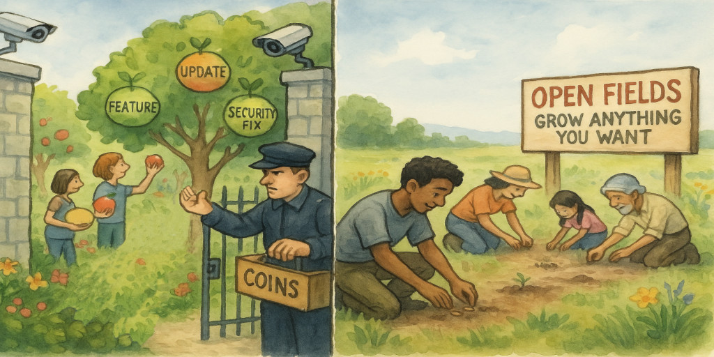 On the left side, depicting a proprietary vendor, is a lush, manicured garden surrounded by towering walls and security cameras. Inside, users are picking fruit, each fruit labeled 'Feature', 'Update', or 'Security Fix', while a gatekeeper demands coins for each piece. Outside the wall, on the right side, a vast open meadow stretches endlessly, where diverse people plant seeds together under a sign reading 'Open Fields: Grow Anything You Want'.