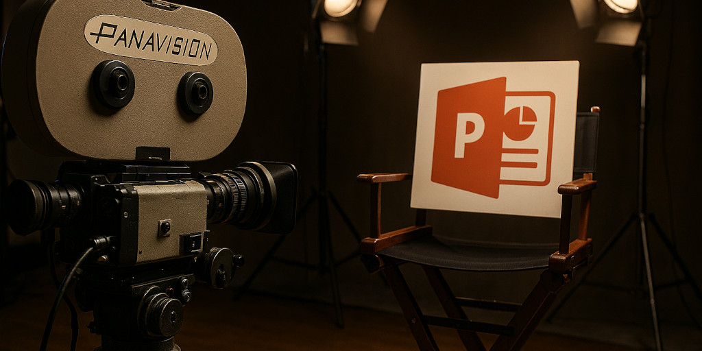 PowerPoint card on a bar stool on a stage, in front of an old Panavision film camera.