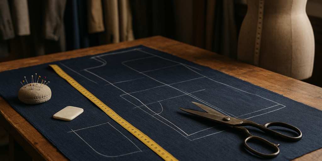 A tailor's measuring table, scissors, pin cushion, tape measure, marking soap, piece of marked material, and sewing dummy.