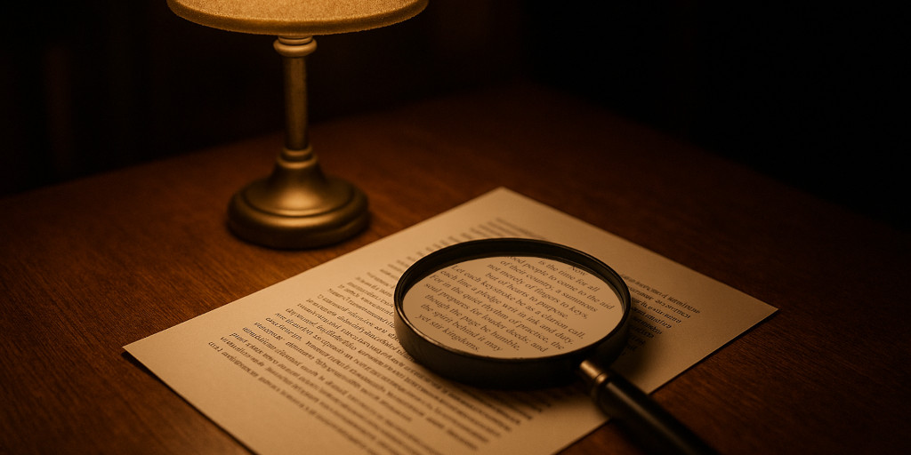 A magnifying glass over a document under a lamp. In the lens of the glass can be seen the text 'Now is the time for all good people to come to the aid of their country, a summons not merely of fingers to keys, but of hearts to purpose. Let each keystroke be as a clarion call, each line a pledge writ in ink and duty. For in the quiet rhythm of practice, the soul prepares for louder deeds; and though the page be humble, the spirit behind it may yet stir kingdoms.'