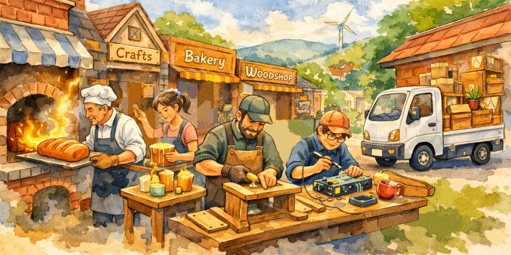 Editorial style watercolor cartoon depicting a small town where people are making things. Each person is crafting something different.