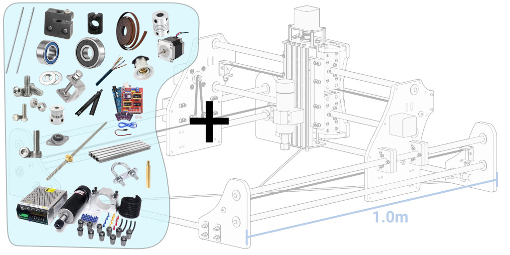 Budget CNC Model 4 Line Drawing with Part Illustrations in a Group