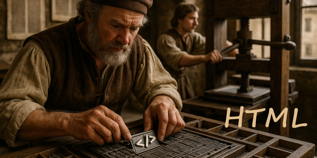 A 15th century pressman working at his chase with the HTML symbol.