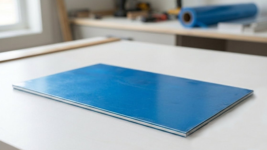 Piece of 6in x 12in x 0.16in aluminum, wrapped in blue PVC film.