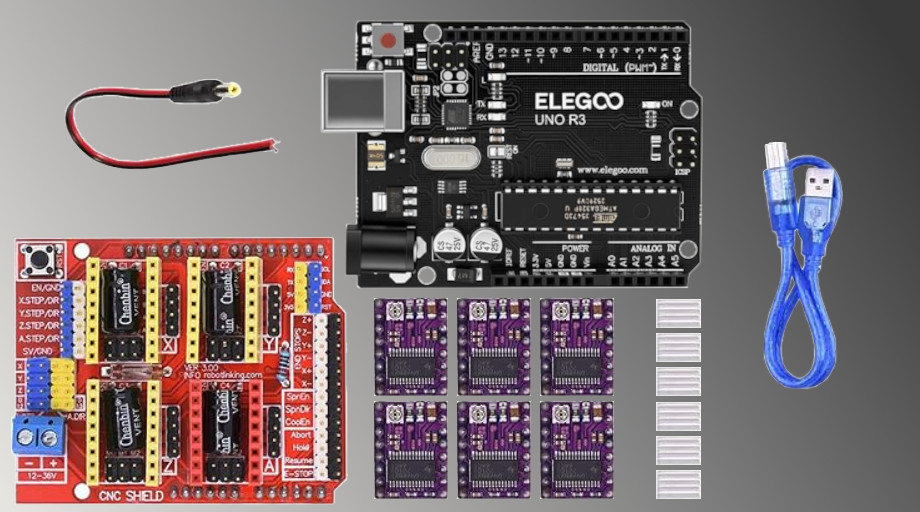One Arduino UNO R3, one CNC Shield board, six DRV8825 drivers, six heat sinks, one USB cable, and one DC power cable.